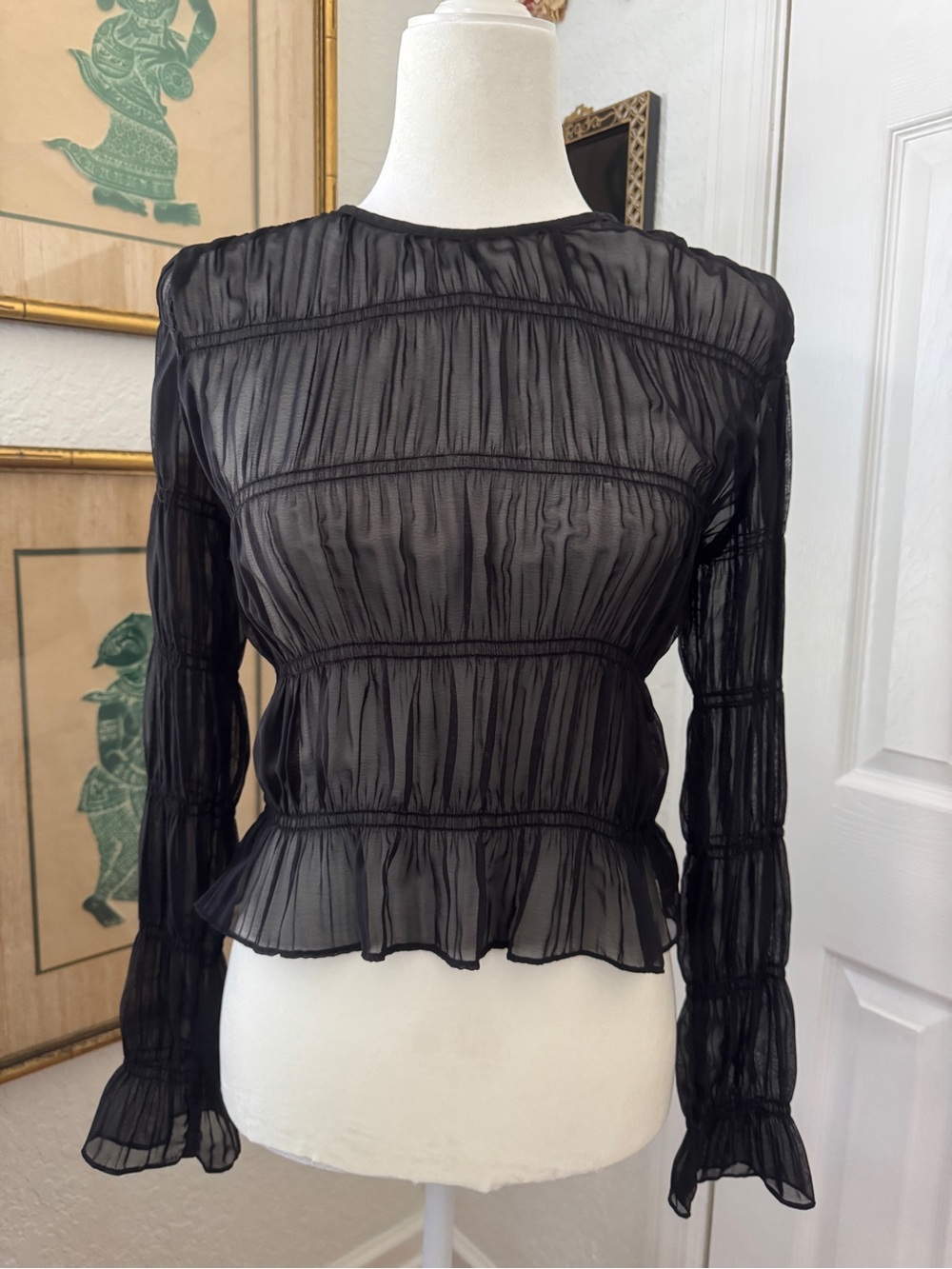 OUI Black Sheer Ruched Open Back Long Sleeve Blouse Romantic Goth Top sz S